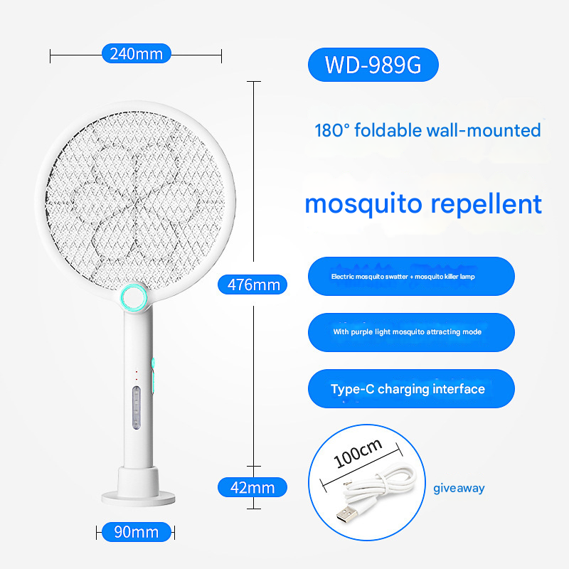 White Rechargeable 2-in-1 Bug Zapper Racket - Electric Fly Swatter & UV Mosquito Lamp with Charging Base V888-ELOSUNG34695