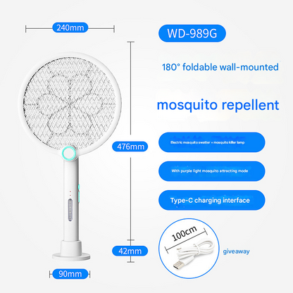 White Rechargeable 2-in-1 Bug Zapper Racket - Electric Fly Swatter & UV Mosquito Lamp with Charging Base V888-ELOSUNG34695