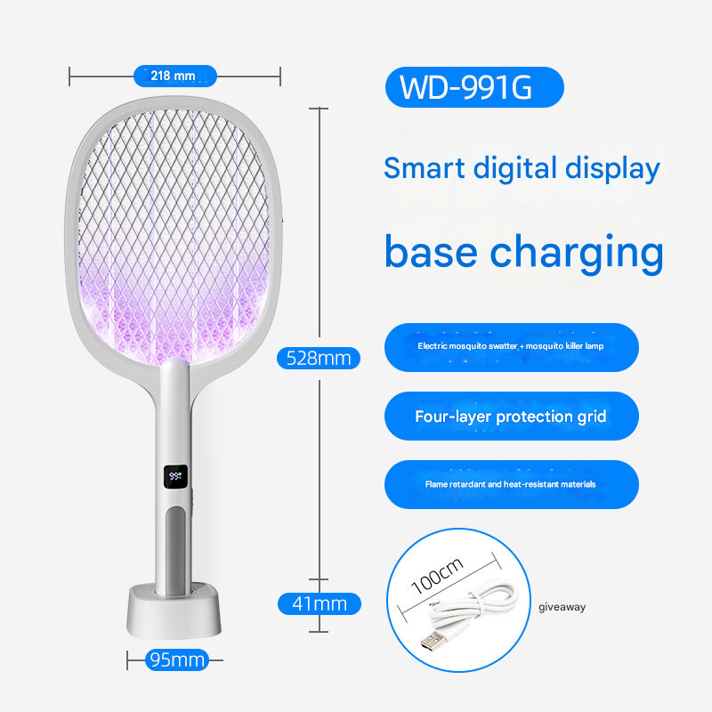 White Rechargeable 2-in-1 Bug Zapper Racket - Electric Fly Swatter & UV Mosquito Lamp with Charging Base V888-ELOSUNG34696