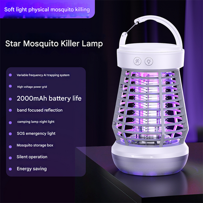 White Rechargeable 3-in-1 Bug Zapper Lantern - Portable UV Mosquito Killer with Camping Light & SOS Mode V888-ELOSUNG34697