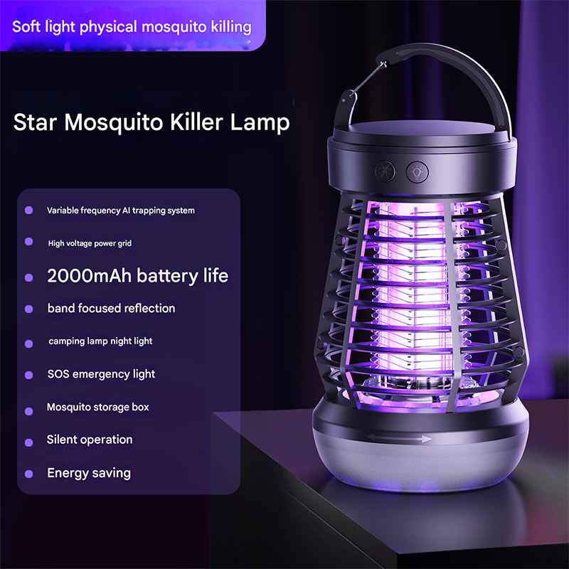 Black Rechargeable 3-in-1 Bug Zapper Lantern - Portable UV Mosquito Killer with Camping Light & SOS Mode V888-ELOSUNG34698