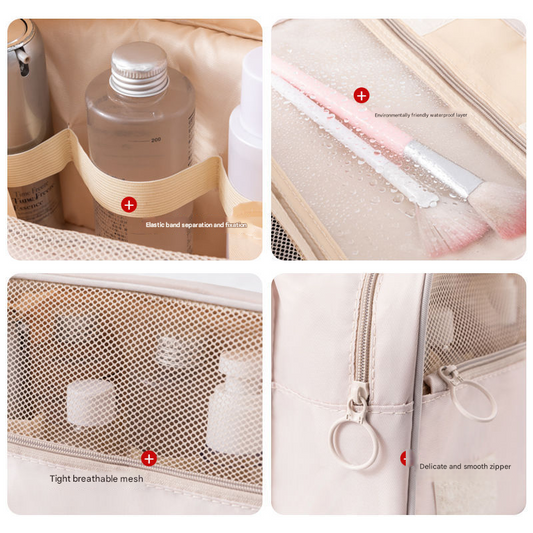 Beige Portable Hanging Travel Toiletry Bag - Large Capacity Cosmetic & Wash Organizer with Sturdy Hook V888-ELOSUNG34701