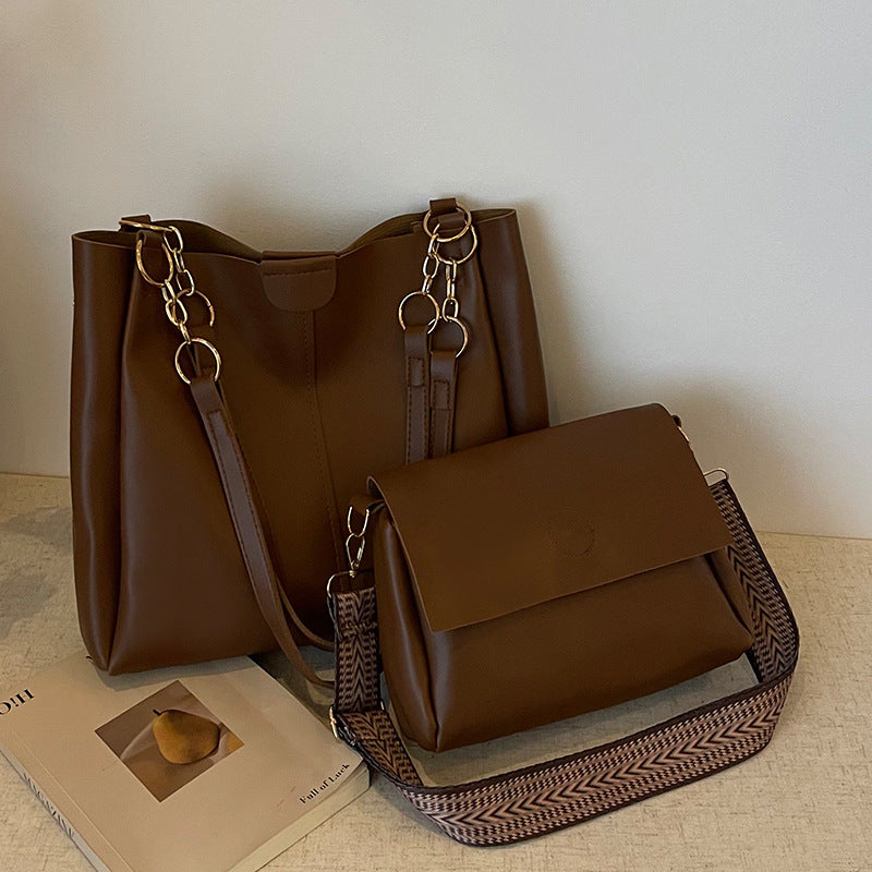 Brown Chic 2-Piece Tote Bag Set - Large Capacity Commuter Handbag with Wide Strap Crossbody Purse V888-ELOSUNG34706