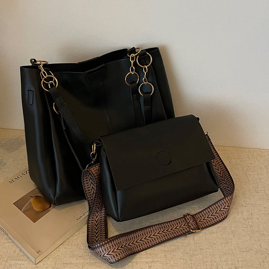 Black Chic 2-Piece Tote Bag Set - Large Capacity Commuter Handbag with Wide Strap Crossbody Purse V888-ELOSUNG34708