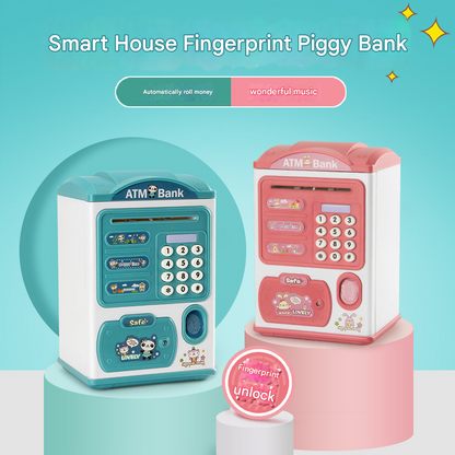 Blue Mouse Treasure Kids Smart ATM Piggy Bank - Automatic Bill Scroll, Password & Fingerprint Unlock with Fun V888-ELOSUNG34751