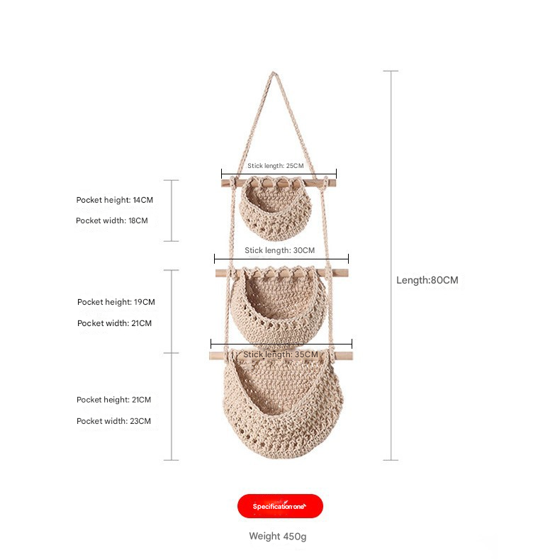 Three-layer cotton rope style Bohemian Hanging Fruit Basket - Wall-Mounted Woven Storage Net Pocket for V888-ELOSUNG34758