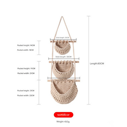 Three-layer cotton rope style Bohemian Hanging Fruit Basket - Wall-Mounted Woven Storage Net Pocket for V888-ELOSUNG34758