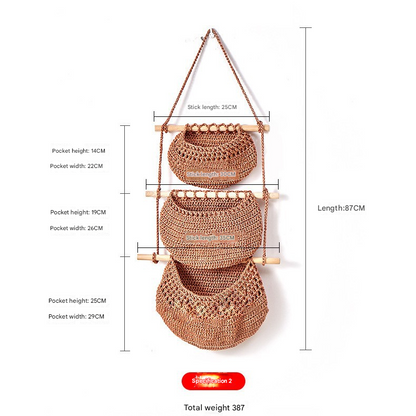 Three-layer braided rope style Bohemian Hanging Fruit Basket - Wall-Mounted Woven Storage Net Pocket for V888-ELOSUNG34759