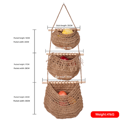 Three-layer hemp rope style Bohemian Hanging Fruit Basket - Wall-Mounted Woven Storage Net Pocket for Kitchen V888-ELOSUNG34760