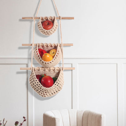 Three-layer hemp rope style Bohemian Hanging Fruit Basket - Wall-Mounted Woven Storage Net Pocket for Kitchen V888-ELOSUNG34760