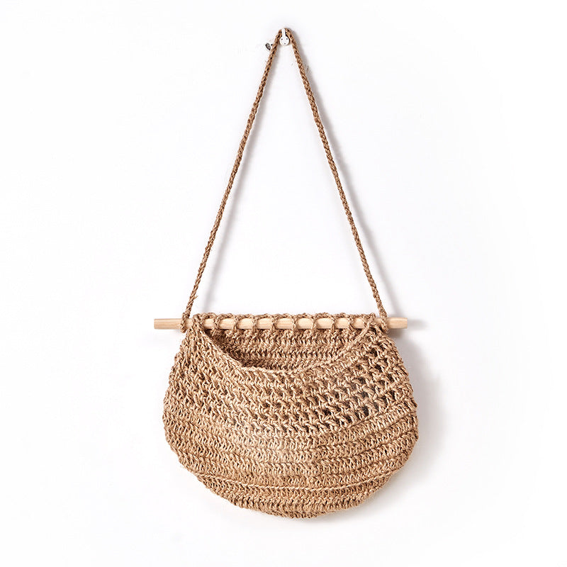 Single-layer hemp rope style Bohemian Hanging Fruit Basket - Wall-Mounted Woven Storage Net Pocket for V888-ELOSUNG34762