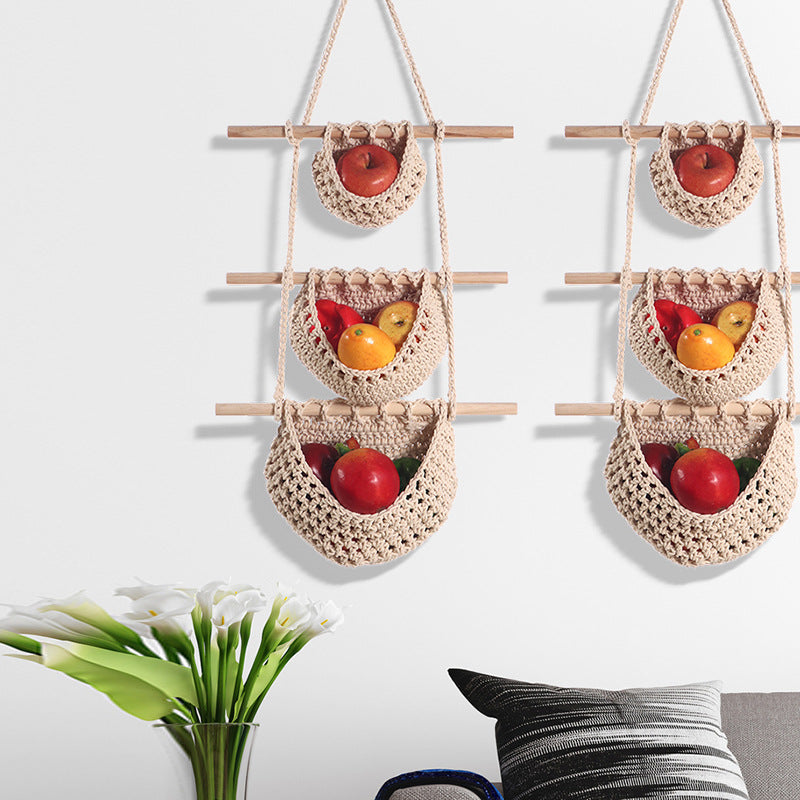 Single-layer hemp rope style Bohemian Hanging Fruit Basket - Wall-Mounted Woven Storage Net Pocket for V888-ELOSUNG34762
