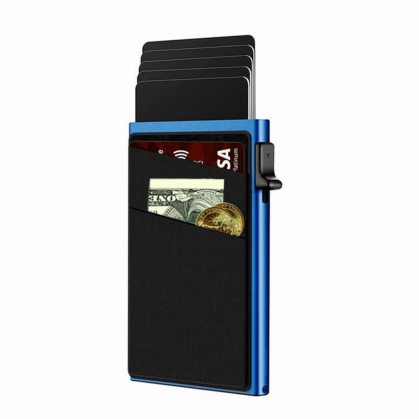 Blue Ultra-Slim RFID Blocking Pop-Up Wallet - Automatic Card Holder with Metal Case & Secure Screw Base V888-ELOSUNG34768