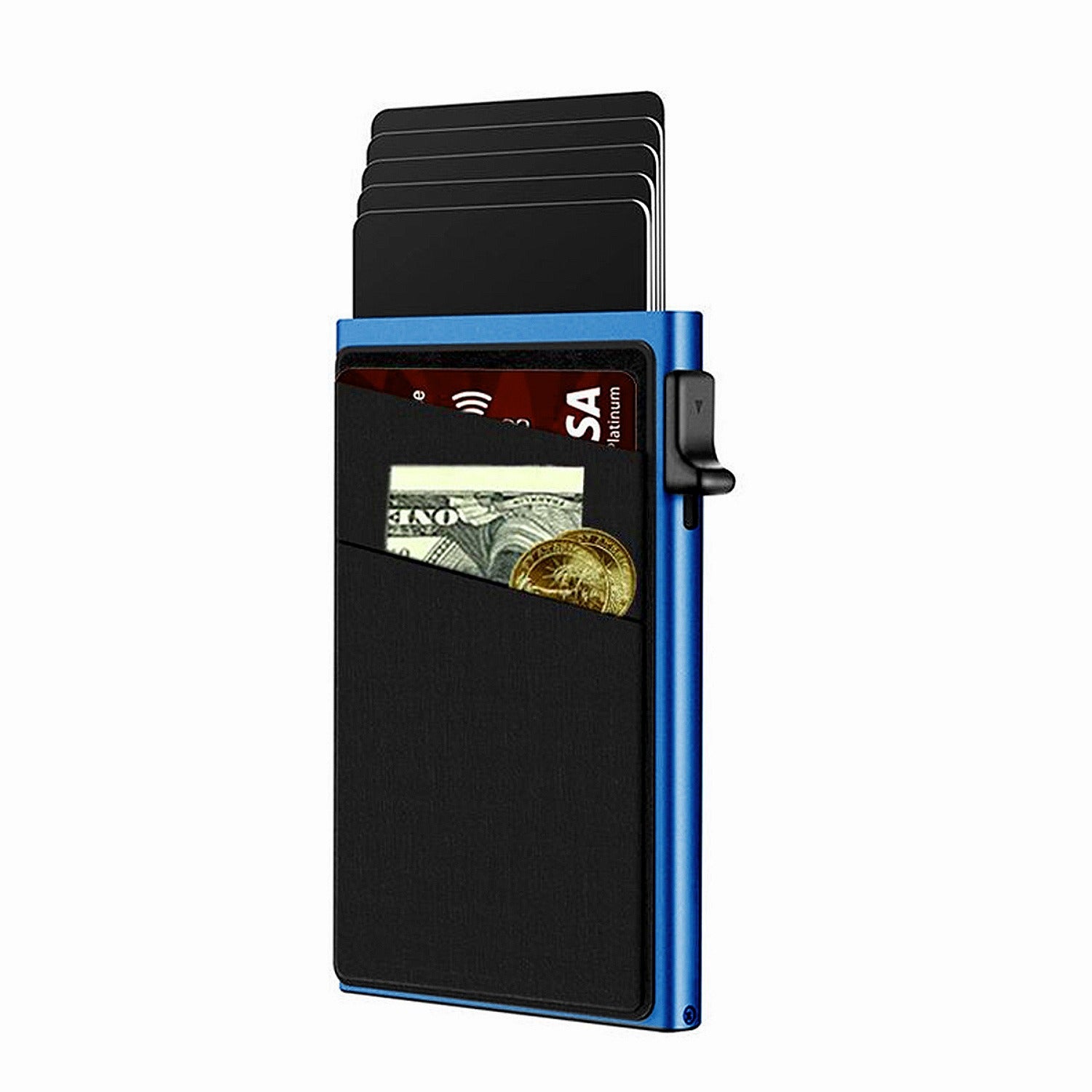 Blue Ultra-Slim RFID Blocking Pop-Up Wallet - Automatic Card Holder with Metal Case & Secure Screw Base V888-ELOSUNG34768