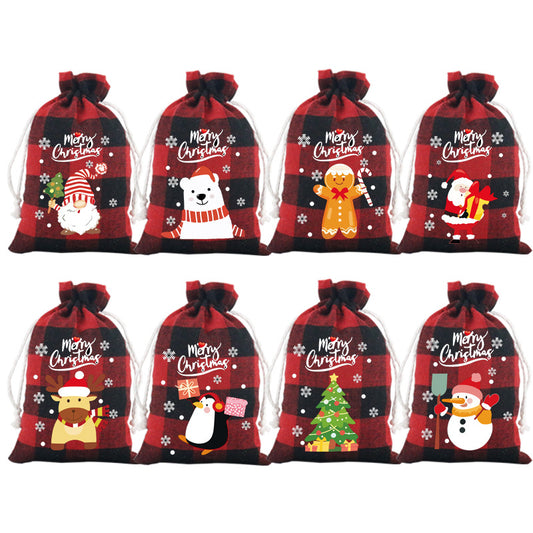 Red checkered Christmas Gift Drawstring Bags Set - Festive Burlap Style Pouches for Candy & Apples - Holiday V888-ELOSUNG34790