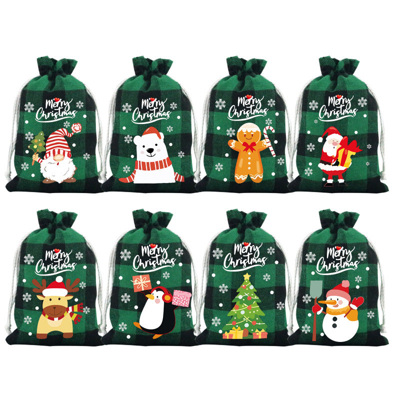 Green grid Christmas Gift Drawstring Bags Set - Festive Burlap Style Pouches for Candy & Apples - Holiday V888-ELOSUNG34791