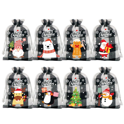 Black and white checkered Christmas Gift Drawstring Bags Set - Festive Burlap Style Pouches for Candy & V888-ELOSUNG34792