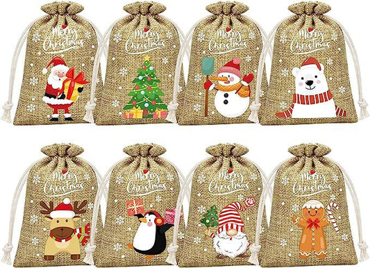 Brown Christmas Gift Drawstring Bags Set - Festive Burlap Style Pouches for Candy & Apples - Holiday V888-ELOSUNG34793