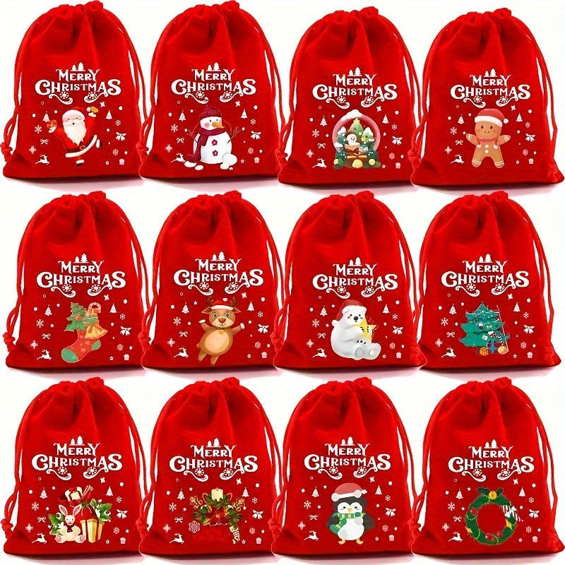 Red flannel Christmas Gift Drawstring Bags Set - Festive Burlap Style Pouches for Candy & Apples - Holiday V888-ELOSUNG34794