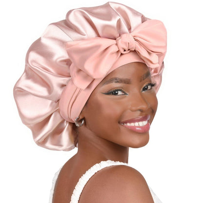 Pink Luxury Double Layer Satin Bonnet with Bow Tie - Large Hair Protection Sleep Cap for All Hair Types V888-ELOSUNG34806