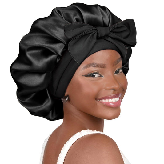 Black Luxury Double Layer Satin Bonnet with Bow Tie - Large Hair Protection Sleep Cap for All Hair Types V888-ELOSUNG34807