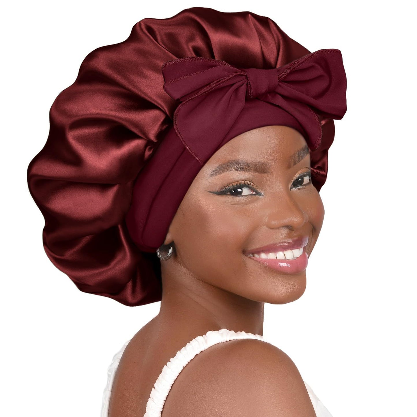 Wine red Luxury Double Layer Satin Bonnet with Bow Tie - Large Hair Protection Sleep Cap for All Hair Types V888-ELOSUNG34808