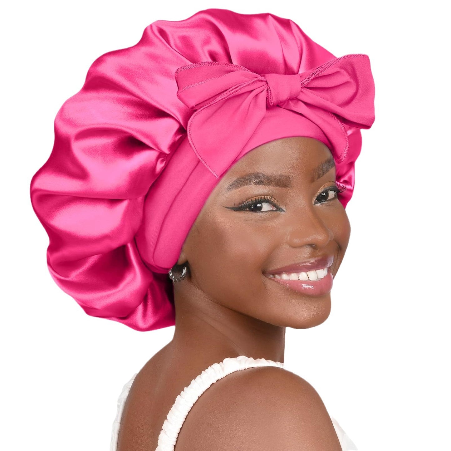 Rose red Luxury Double Layer Satin Bonnet with Bow Tie - Large Hair Protection Sleep Cap for All Hair Types V888-ELOSUNG34809