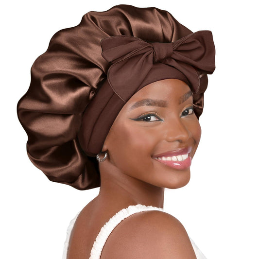 Coffee-colored Luxury Double Layer Satin Bonnet with Bow Tie - Large Hair Protection Sleep Cap for All Hair V888-ELOSUNG34810
