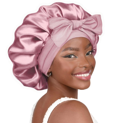 Light bean paste color Luxury Double Layer Satin Bonnet with Bow Tie - Large Hair Protection Sleep Cap for V888-ELOSUNG34811