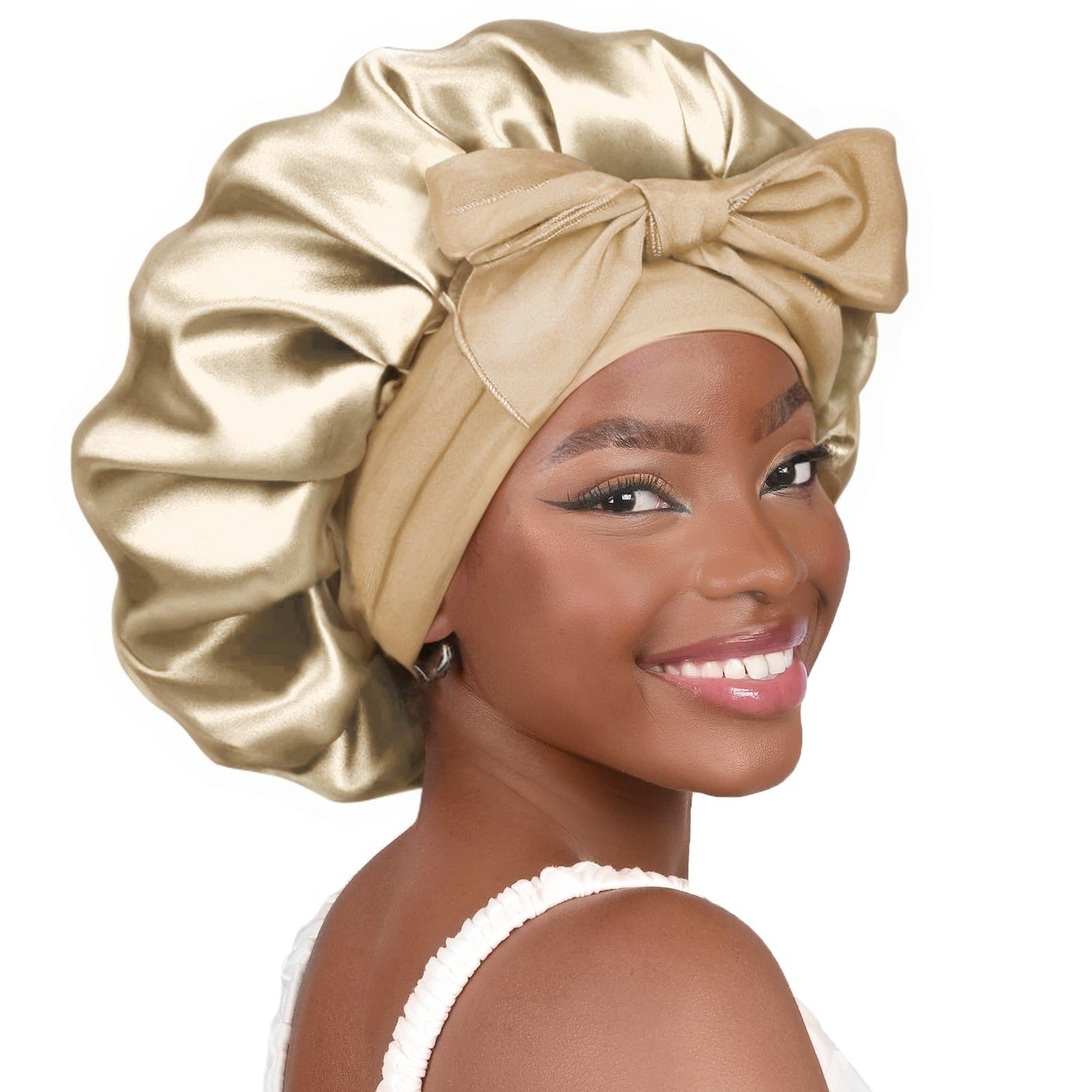 Khaki Luxury Double Layer Satin Bonnet with Bow Tie - Large Hair Protection Sleep Cap for All Hair Types V888-ELOSUNG34812