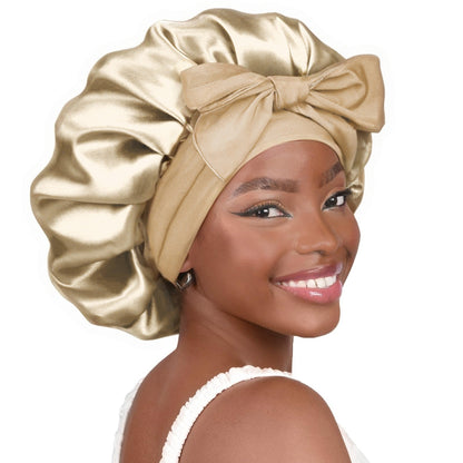 Khaki Luxury Double Layer Satin Bonnet with Bow Tie - Large Hair Protection Sleep Cap for All Hair Types V888-ELOSUNG34812