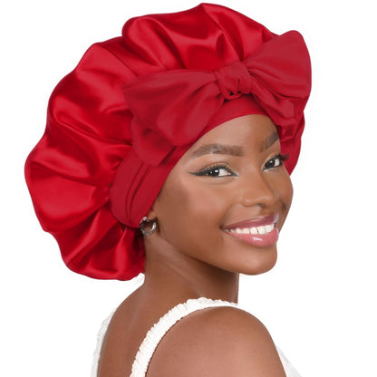 Red Luxury Double Layer Satin Bonnet with Bow Tie - Large Hair Protection Sleep Cap for All Hair Types V888-ELOSUNG34814