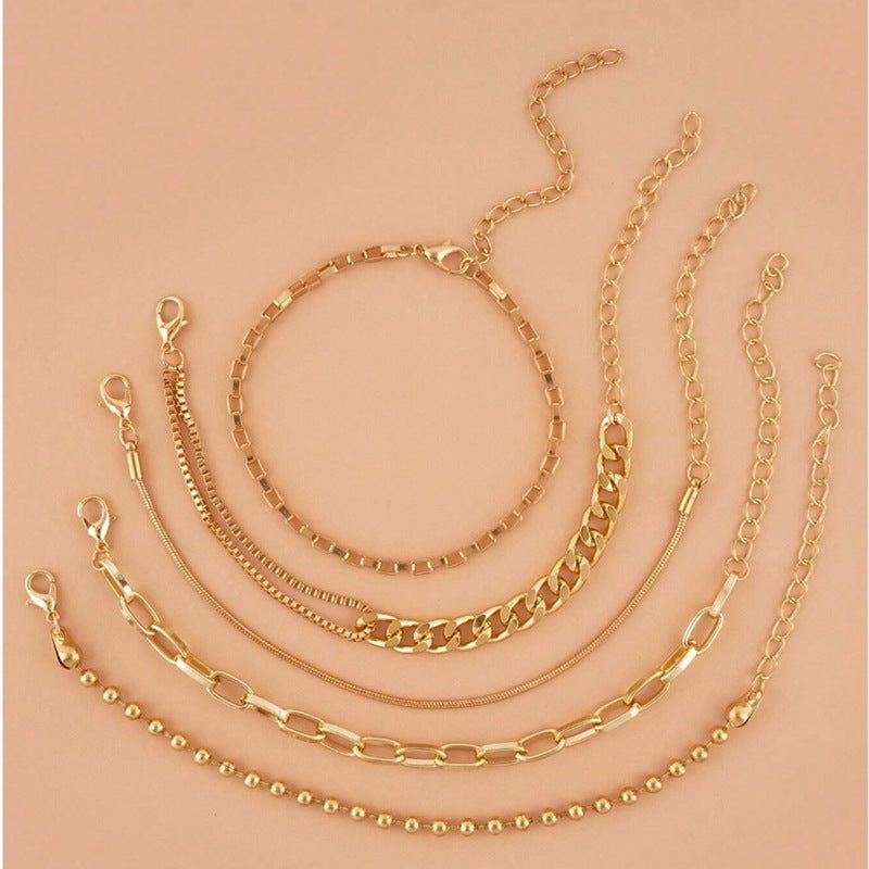 A golden five-piece set Chic Multi-Layered Alloy Bracelet Set - Fashionable Stackable Jewelry V888-ELOSUNG34815