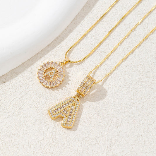 Sparkling Cubic Zirconia Initial Letter Necklace Set - Gold Plated Two-Piece Design(A) V888-ELOSUNG34819