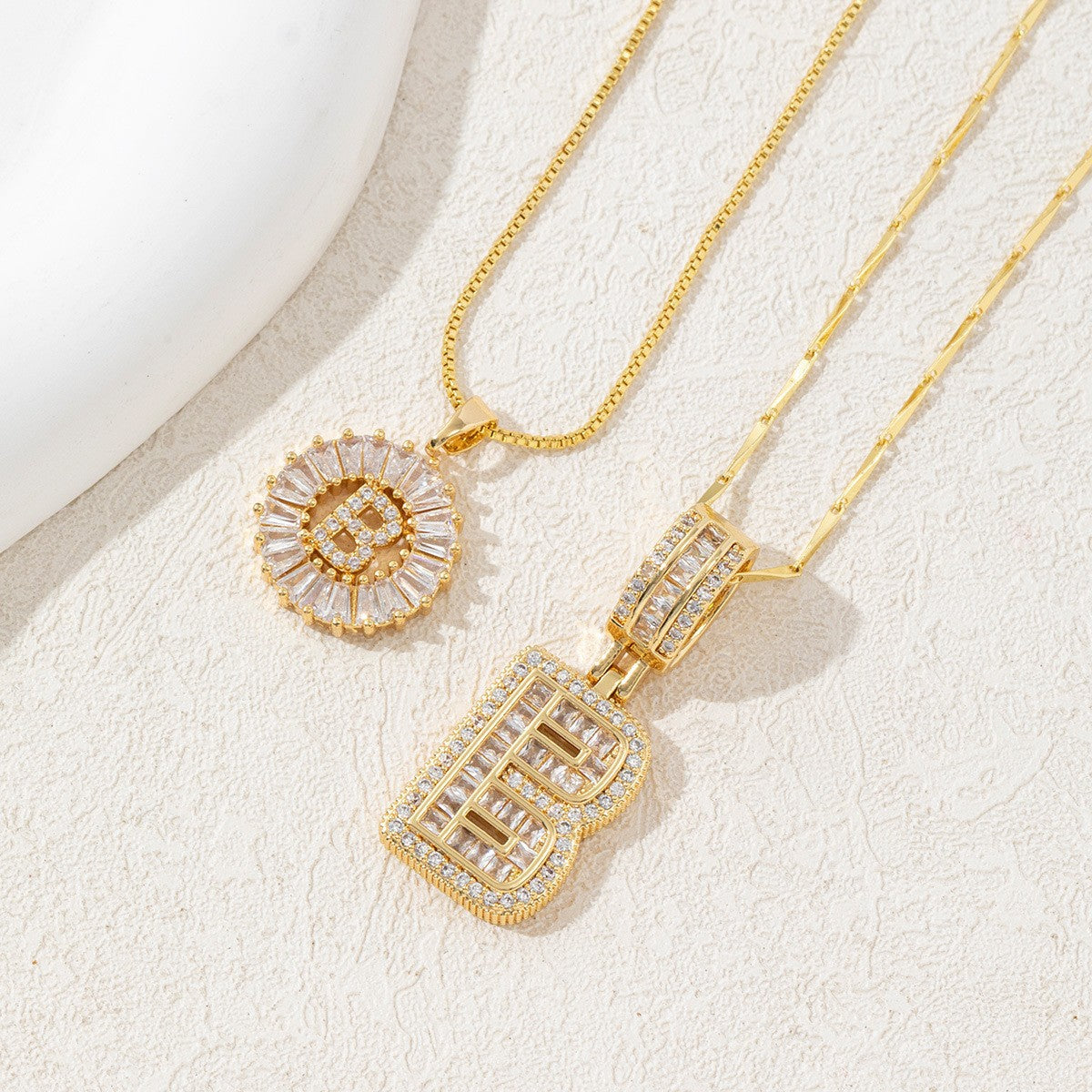 Sparkling Cubic Zirconia Initial Letter Necklace Set - Gold Plated Two-Piece Design(B) V888-ELOSUNG34820