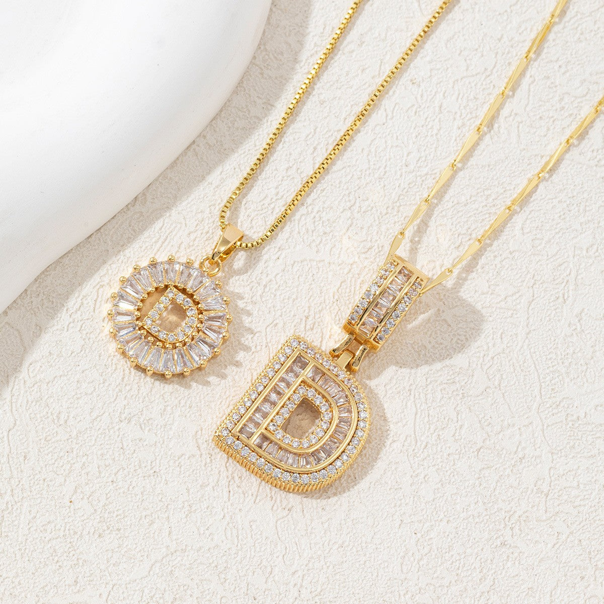 Sparkling Cubic Zirconia Initial Letter Necklace Set - Gold Plated Two-Piece Design(D) V888-ELOSUNG34822