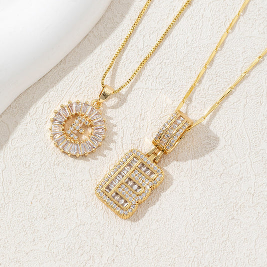 Sparkling Cubic Zirconia Initial Letter Necklace Set - Gold Plated Two-Piece Design(E) V888-ELOSUNG34823