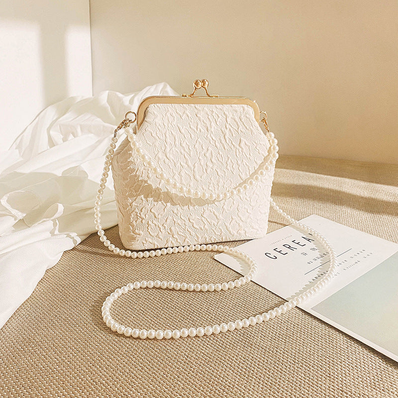 White Elegant Vintage Kiss-Lock Purse with Pearl Straps - Textured Frame Clutch Bag V888-ELOSUNG34858