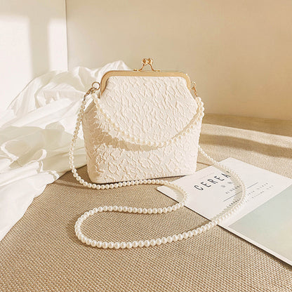 White Elegant Vintage Kiss-Lock Purse with Pearl Straps - Textured Frame Clutch Bag V888-ELOSUNG34858