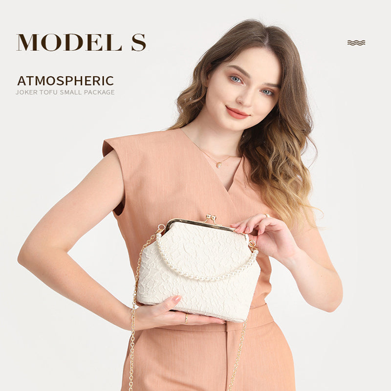 White Elegant Vintage Kiss-Lock Purse with Pearl Straps - Textured Frame Clutch Bag V888-ELOSUNG34858