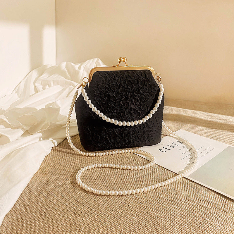 Black Elegant Vintage Kiss-Lock Purse with Pearl Straps - Textured Frame Clutch Bag V888-ELOSUNG34859