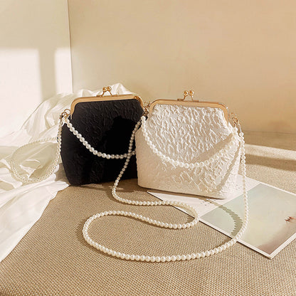 Black Elegant Vintage Kiss-Lock Purse with Pearl Straps - Textured Frame Clutch Bag V888-ELOSUNG34859