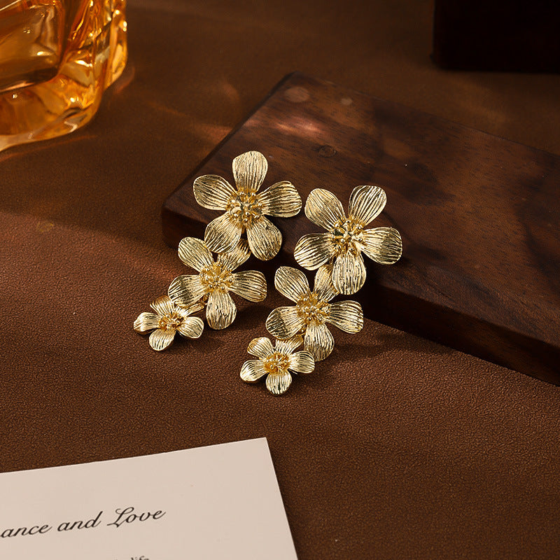 Gold Textured Cascading Floral Statement Drop Earrings for Women V888-ELOSUNG34860