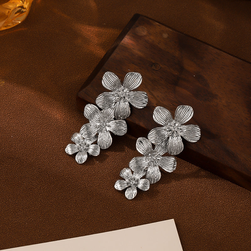 Sliver Textured Cascading Floral Statement Drop Earrings for Women V888-ELOSUNG34861
