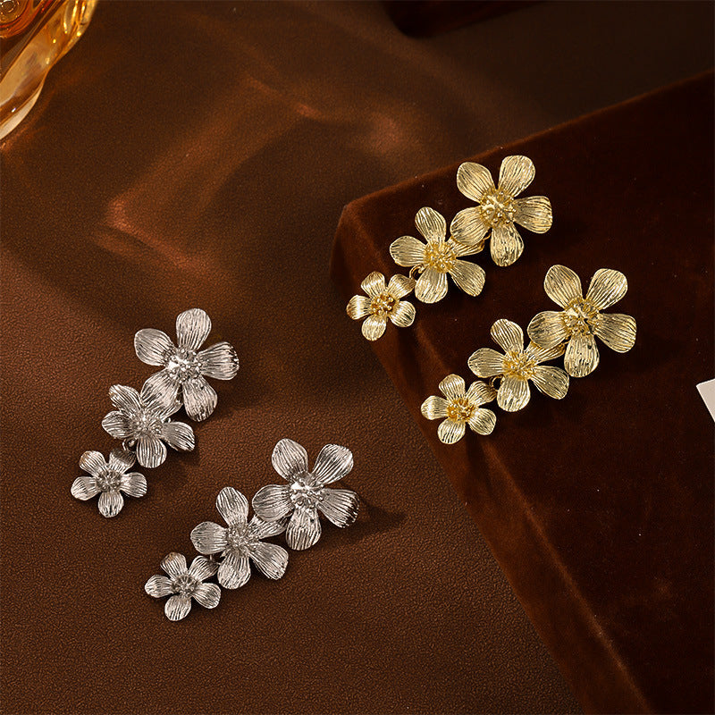 Sliver Textured Cascading Floral Statement Drop Earrings for Women V888-ELOSUNG34861