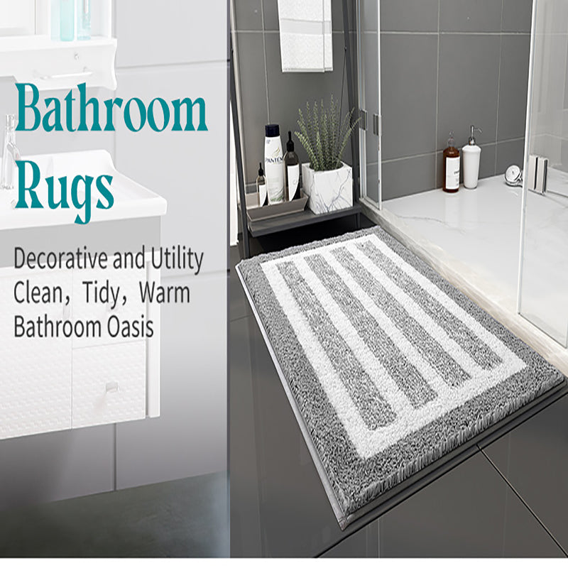 Grey Plush Striped Bath Mat - Ultra Soft, Absorbent & Non-Slip Bathroom Rug for Shower and Tub V888-ELOSUNG34866