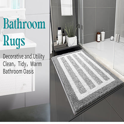 Grey Plush Striped Bath Mat - Ultra Soft, Absorbent & Non-Slip Bathroom Rug for Shower and Tub V888-ELOSUNG34866