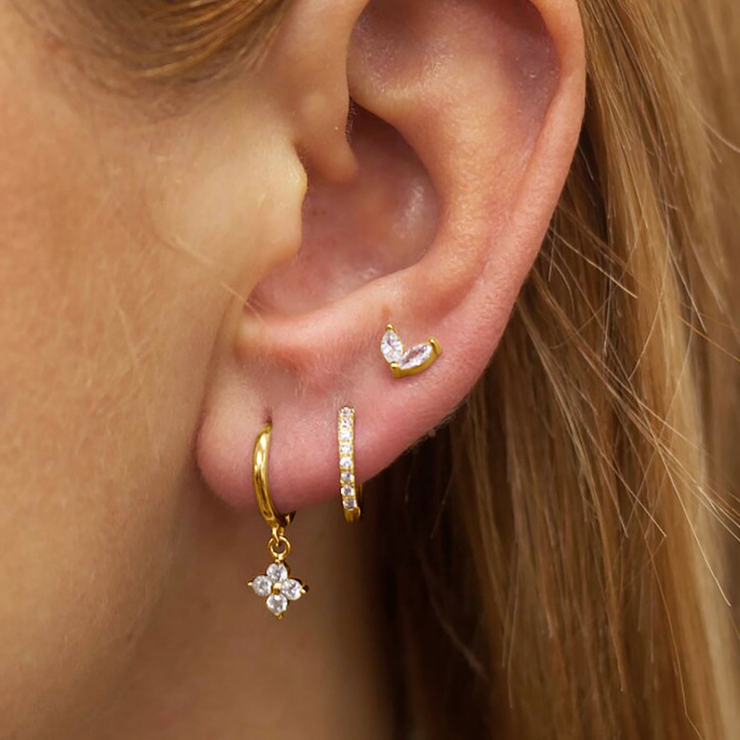 Three-piece set Gold Delicate CZ Earring Stacking Set - Huggie Hoops & Studs for Multiple Piercings V888-ELOSUNG34884