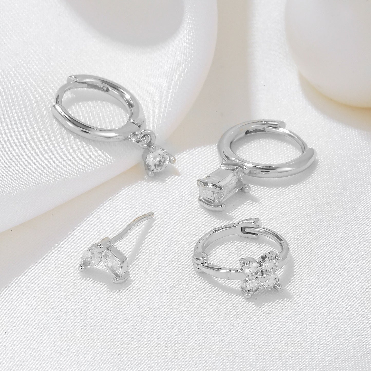 Three-piece set Gold Delicate CZ Earring Stacking Set - Huggie Hoops & Studs for Multiple Piercings V888-ELOSUNG34884