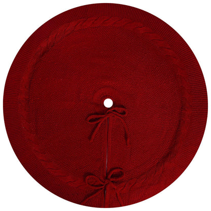 Red Luxury Knit Christmas Tree Skirt with Cable-Knit Border - Rustic Holiday Decor(62cm) V888-ELOSUNG34889